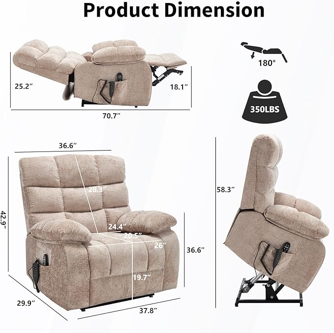 Lay Flat Recliner with Vibration Massage and Lumbar Heating, 26'' Wide Recliner Chair with Infinite Position and 2 Remote Controls, Soft Chenille Lift Recliner for Living Room, Khaki-Ruum Studio Home