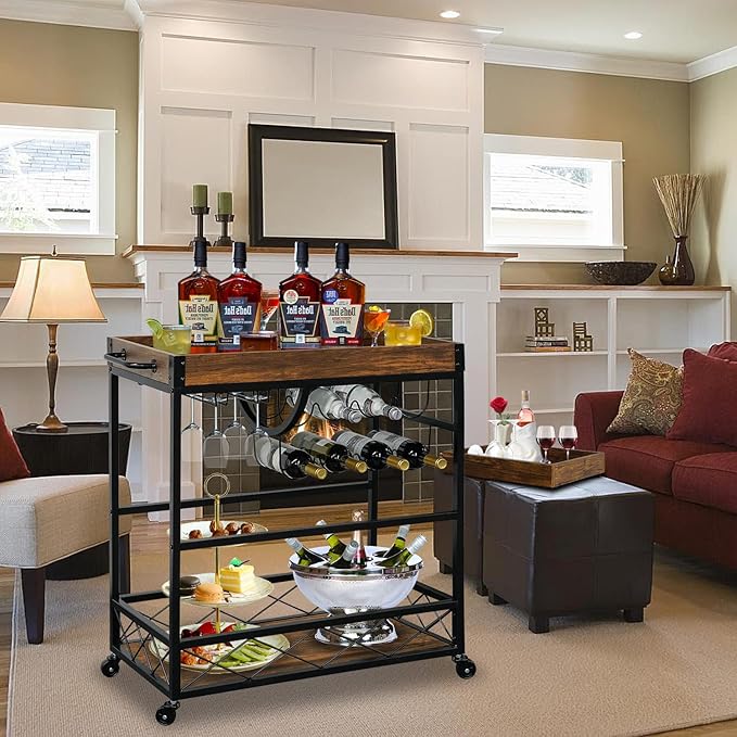 Bar Cart for The Home, 3 Tire Industrial Rolling Serving Cart on Lockable Wheels, Alcoholic Beverage Trolley with 2 Removable Trays, Wine Rack and Glass Holder for Indoor, Outdoor-Ruum Studio Home