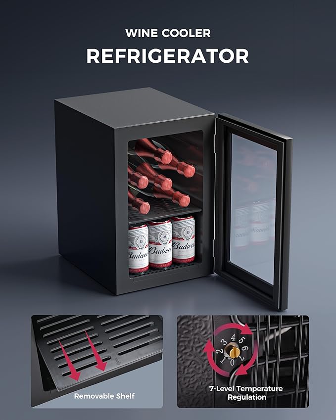 6 Bottles and 6 Cans Compact Beverage Refrigerator, Freestanding Mini Fridge with Temperature Control for Beer Wine, Under Counter Small Refrigerator Adjustable Shelve & Glass Door for Home and Bar-Ruum Studio Home