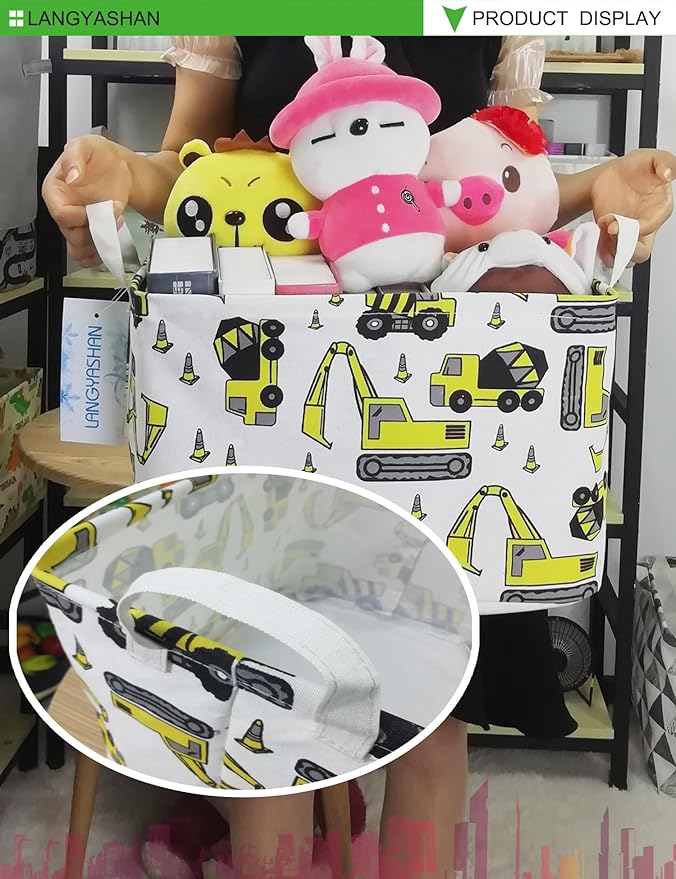 LANGYASHAN Rectangular Storage Bin Collapse Canvas Fabric Cartoon Storage Basket with Handles for Organizing Home Kitchen Boys and Girls Toys Office Closet Shelf Baskets (Rec Engineering Vehicle)-Ruum Studio Home