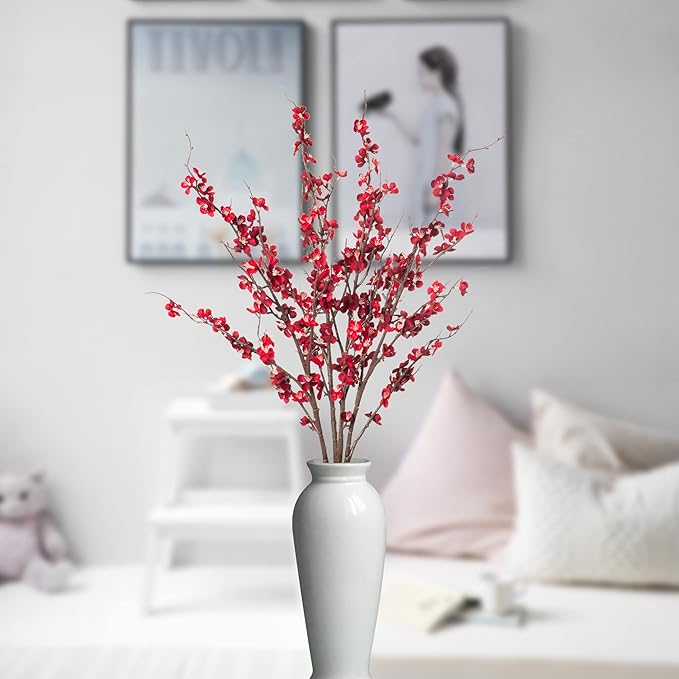 4Pcs Cherry Blossom Branches Artificial Flowers for Spring Summer Indoor Decoration,Faux Long Stem Artificial Flowers for Wedding Home Office Bedroom Party Table Centerpieces Decor(Red)-Ruum Studio Home