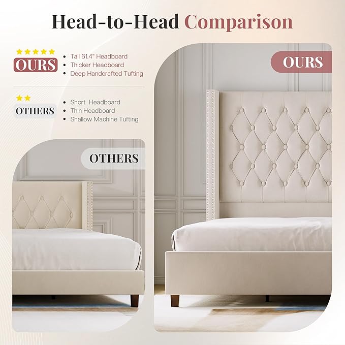 PaPaJet Queen Size Bed Frame with 61.4" Tall Headboard, Velvet Modern Upholstered Tufted Bed for Adults, Handmade Deep Button Tufting, Solid Wood Legs, No Box Spring Required, Cream-Ruum Studio Home