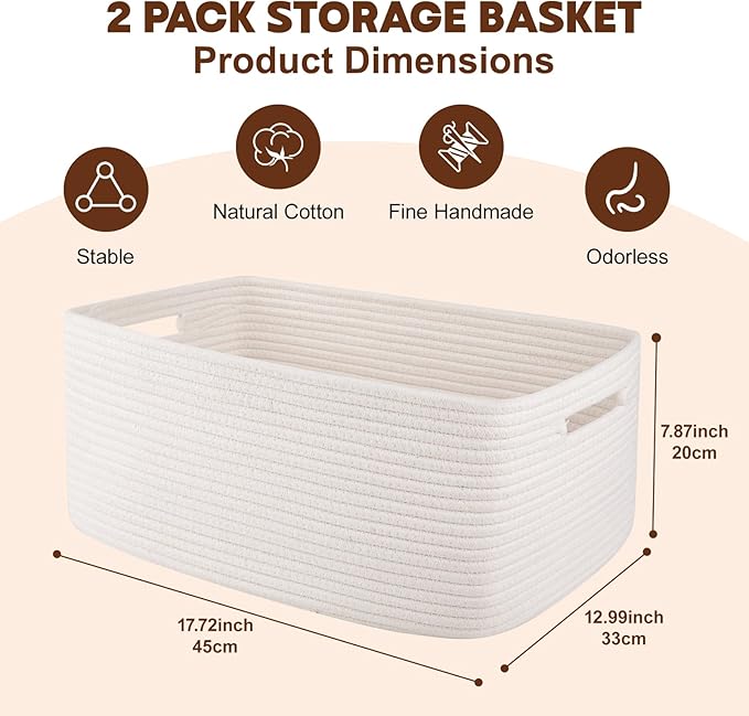 OIAHOMY Storage Basket for Shelves, Closet Cube Storage Bins Baskets for Clothes Blanket Towels, Baby Nursery, Toy Baskets Box, Woven Rope Basket, 17.72*12.99*7.87 IN, 2 Packs White-Ruum Studio Home