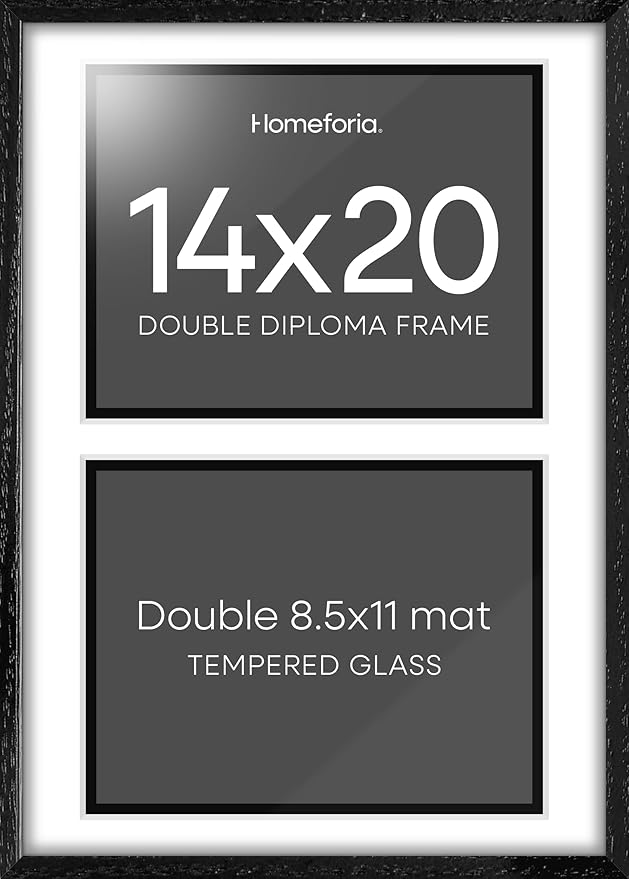 Homeforia 14x20 Double Diploma Frame, High End Oak 14 x 20 Black Wood Certificate Frames with Mat for Two 8.5x11 Diplomas, 20x14 Wooden Dual Award Graduation Frames, Tempered Glass, Wall Kit, Set of 1-Ruum Studio Home