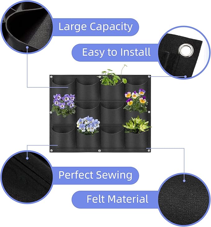 12 Pockets Hanging Planter Bags, Hanging Vertical Wall Mounted Plant Planting Grow Bags, Herb Garden Planter Outdoor Indoor Growing Bag, Gardening Vertical Greening Flower Container(0.6m×0.8m, Black)-Ruum Studio Home