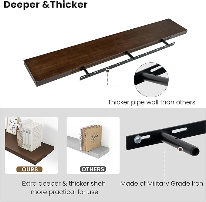 Walnut Floating Shelves for Wall 48 Inch, 8 in Deep Single Wood Shelf Floating Rustic Farmhouse Decor, Heavy Duty Shelf Hold 100 lbs, Wall Shelves for Bathroom Living Room Kitchen Bedroom Office-Ruum Studio Home