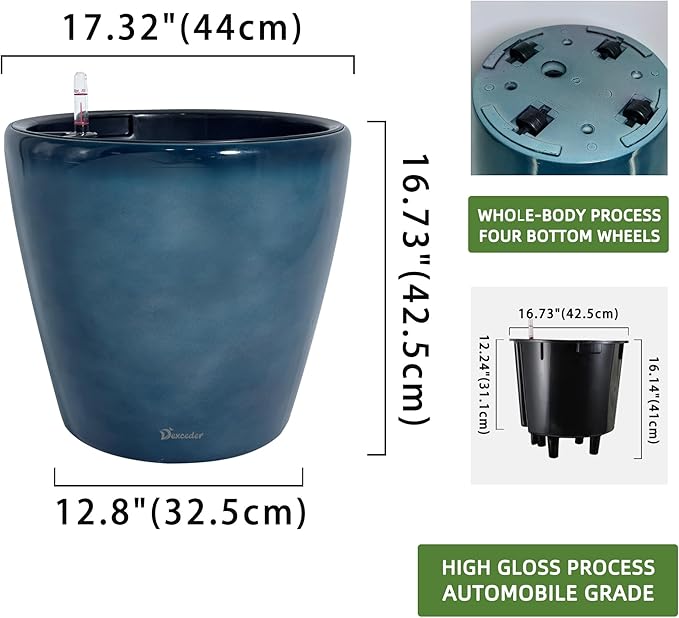 Dexceder 18x17 Self Watering Planter with Wheels Indoor Outdoor, Inner Pot Design, Thickened Large Floor Standing Flower Plant Pot with Water Level Indicator (Grayish Green Gradient)-Ruum Studio Home