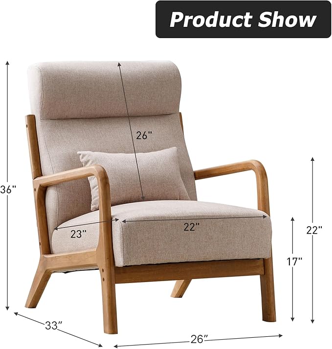 INZOY Mid Century Modern Accent Chair Set of 2, High Back Reading Armchair with Wood Frame, Upholstered Living Room Chairs with Waist Cushion, Single Lounge Arm Chair for Bedroom Sunroom, Beige-Ruum Studio Home