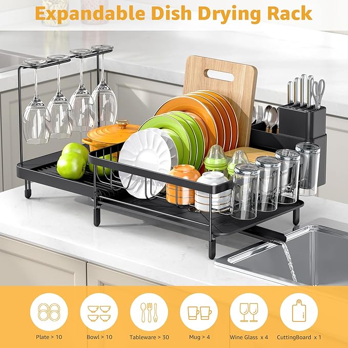 Dish Drying Rack for Kitchen Counter, Expandable Large Capacity Dish Rack with Drainboard, Wine Glasses Holder, Space Saving Organizer, Black-Ruum Studio Home