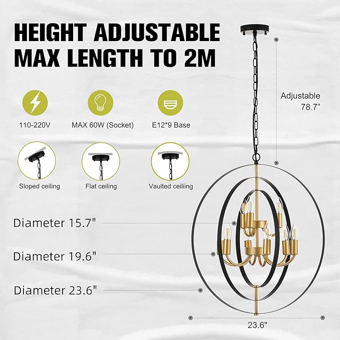 9-Light Globe Rustic Metal Chandelier, 23.6" Black Gold Adjustable Hanging Ceiling Pendant Light Fixture for Entryway Foyer Stairway Bedroom Dining Living Room Hallway-Ruum Studio Home