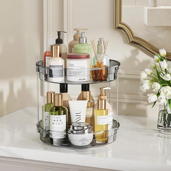 LAMU 2 Pack 2 Tier Lazy Susan Turntable Organizer 12'' Rotating Spice Rack Organization for Cabinet, Kitchen, Pantry, Countertop, Bathroom, Vanity, Medicine Cabinet Organizer, Grey-Ruum Studio Home