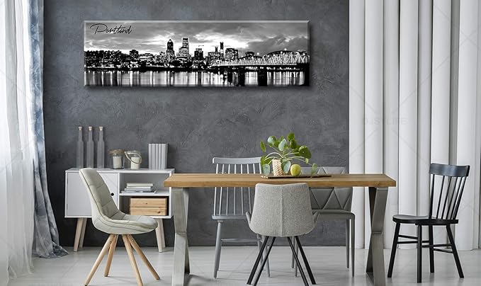 DJSYLIFE-Portland Skyline Canvas Print Modern City Landscape Wall Art USA Skyscraper Black and White Panoramic Night View Painting Office Living Room Home Decor Ready to Hang 13.8"x47.3"-Ruum Studio Home