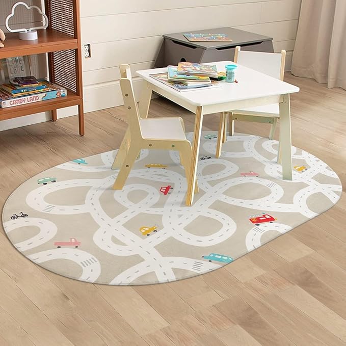 STARUIA Large Kids Rug for Playroom, 4'x6' Washable Road Rug for Nursery, Non-Slip Car Rugs for Boys Room, Tan Traffic Classroom Rugs Soft Baby Play Mat for Dorm Toy Room Tent-Ruum Studio Home