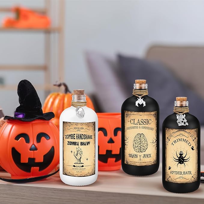 Uiifan 31 Pcs Halloween Potion Bottles Set Including Glass Apothecary Bottles with Cork Stickers and Pendants Halloween Decorations Indoor Party Supplies(White, Black,8.5 oz)-Ruum Studio Home