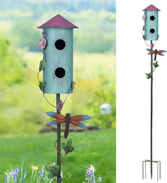 BAYN 57” Bird Houses Stake for Outside, Metal Wild Bird Feeder Double-Hole Birdhouse Stake with Cylinders Design Outdoor Decorations for Patio, Backyard, Garden-Ruum Studio Home