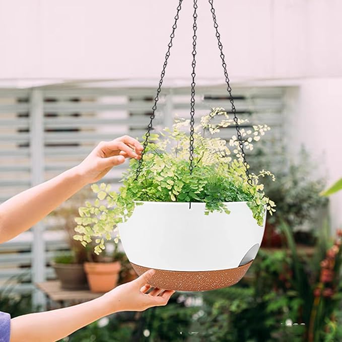 2 Pack Hanging Planters for Indoor Outdoor Plants, 12 Inch Self Watering Hanging Pot with Drainage Holes and Saucer, Plastic Plant Pots, White Brown Flower Pots for Kitchen, Balcony, Garden-Ruum Studio Home