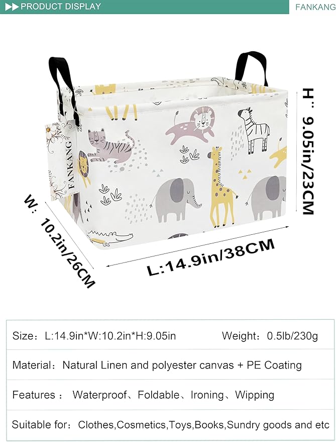 FANKANG Storage Bins, Nursery Hamper Canvas Laundry Basket Foldable with Waterproof PE Coating Large Storage Baskets for Kids Boys and Girls, Office, Bedroom, Clothes,Toys(Rec-Lovely Animals ）-Ruum Studio Home