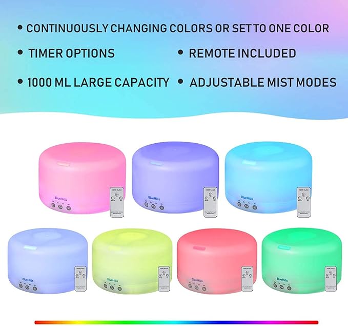 BlueHills Premium 1000 ML XL Essential Oil Diffuser Aromatherapy Humidifier with Remote for Large Room Home 18 Hour Run Huge Coverage Area 1 Liter Mood Lights Extra Large Capacity White D001-Ruum Studio Home