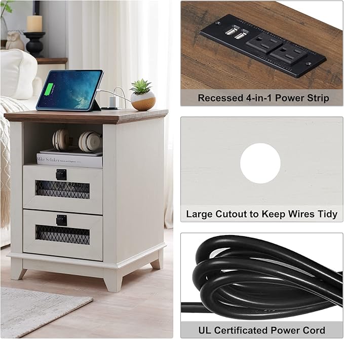 Nightstand with Charging Station,OKD 18'' Industrial & Farmhouse Square End Table w/ 2 Drawers & Open Cubby, Rustic Mesh Drawer Sofa Side Table w/Storage for Bedroom, Living Room Office, Antique White-Ruum Studio Home