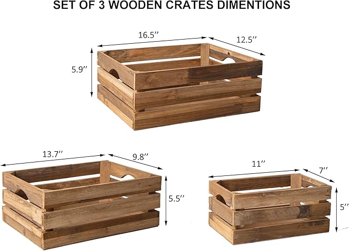 Set of 3 Nesting Wooden Crates, Rustic Wooden Storage Container Boxes with Cutout Handles, Decorative Farmhouse Wood Baskets for Display (Natural)-Ruum Studio Home