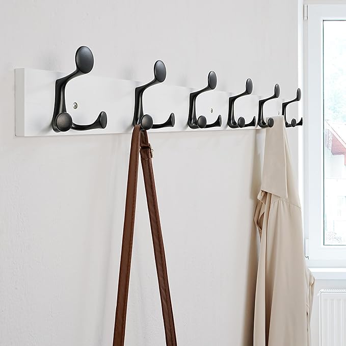 SKOLOO 39-Inch White Wood Coat Rack Wall Mount with 6 Triple Hooks - Ideal for Family Entrances, Classrooms, and Pet Supplies Storage - Perfect Coat Hooks for Wall-Ruum Studio Home