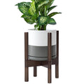 D'vine Dev Ceramic Planter with Walnut Color Stand - 8 Inch Modern Round Flower Pot with Wood Planter Holder, White/Grey, 55-B-Y-6-Ruum Studio Home