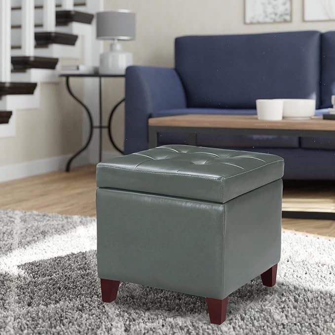 Adeco Bonded Leather Square Tufted Cubic Cube Footstool, 18" Height Storage Ottomans, with Lid, Cement Grey-Ruum Studio Home