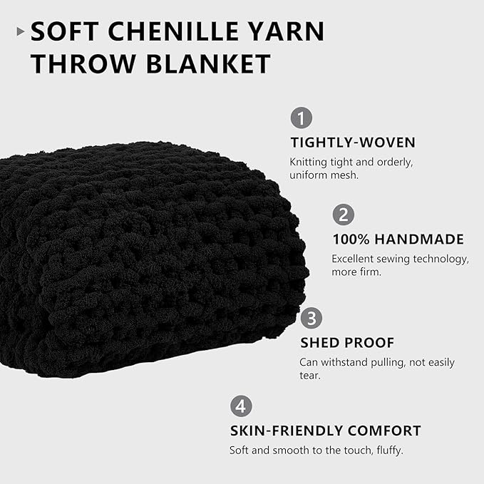 L'AGRATY Chunky Knit Blanket Throw: 80''x90'' Chenille Chunky Knitted Throw Blanket for Bed Couch - Handmade Thick Big Cable Knit Blanket - Large Chunky Crochet Rope Blanket for Home Decor(Black)-Ruum Studio Home