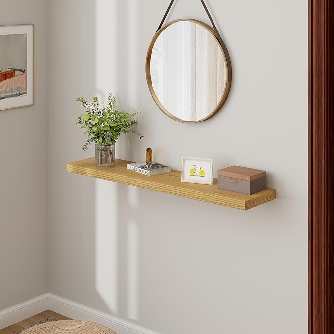 Floating Shelves 48 Inch Long, 48"W x 9"D Wall Shelf Invisible Bracket, 9 Inch Deep Floating Shelf for Wall, Rustic Wooden Shelves for Living Room, Kitchem, Bedroom, Oak Color, Set of 1-Ruum Studio Home