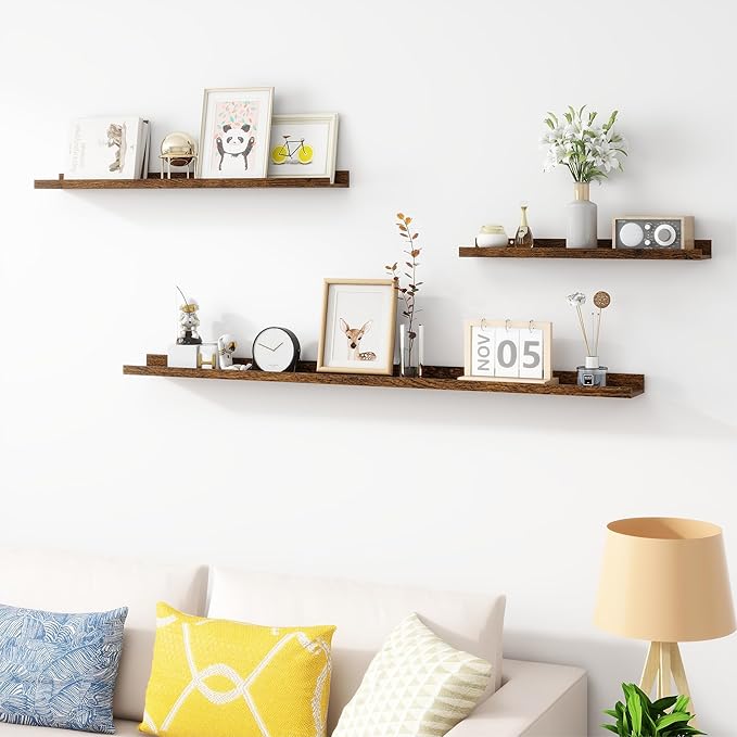Picture Ledge Shelf, Wood Long Floating Shelves for Wall, Set of 2, 48 inch Picture Ledge Shelves, Photo Ledge Nursery Book Shelves Wall Mounted for Living Room Kids' Room Bedroom, Color Brown-Ruum Studio Home