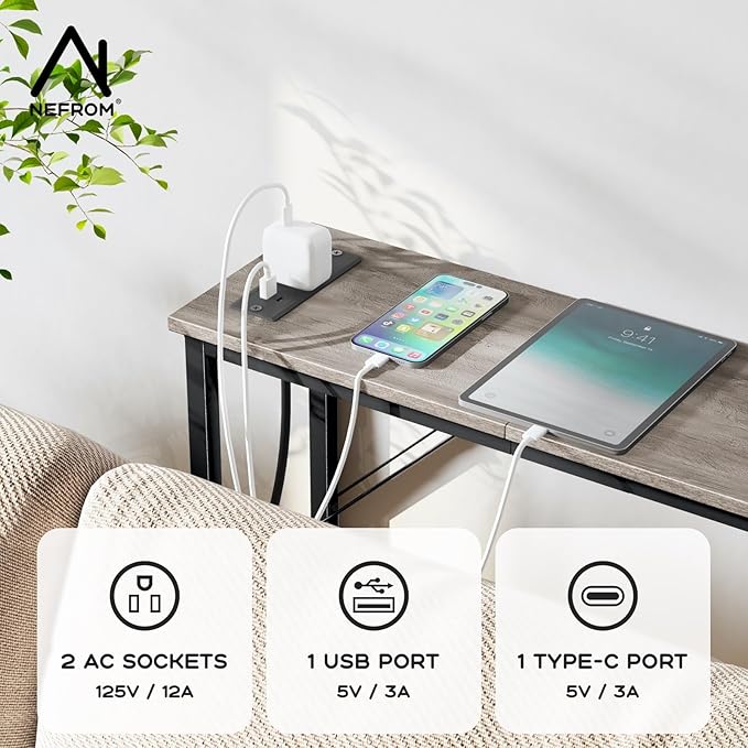 Console Table, Skinny Entryway Table with Fast-Charging Station, Narrow Long Sofa Table, Behind Slim Couch Table for Entrance, Hallway, Living Room Decor ST-GY100-1-Ruum Studio Home