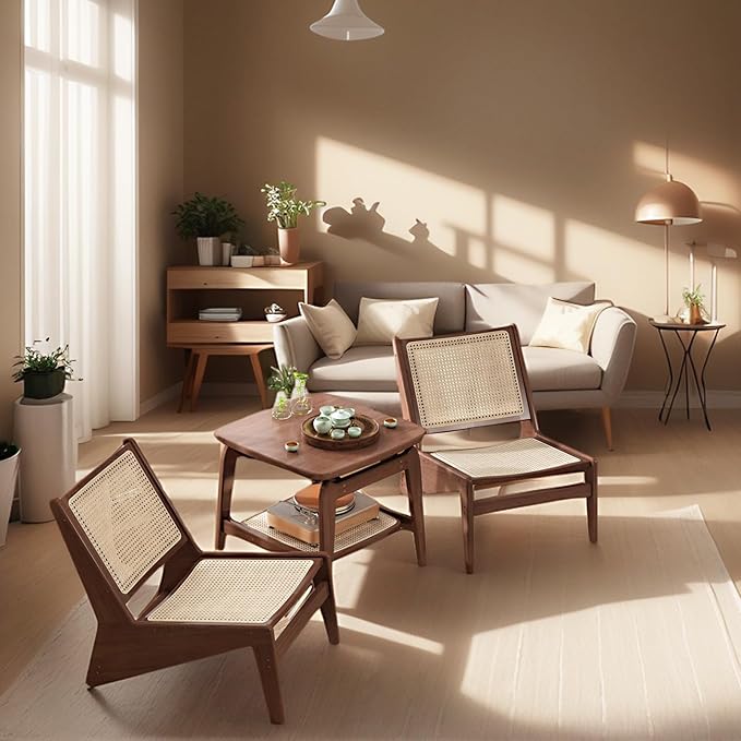 Mid-Century Accent Chair, Rattan Lounge Chair for Living Room, Boho Side Corner Comfy Chair for Bedroom and Balcony, Walnut-Ruum Studio Home