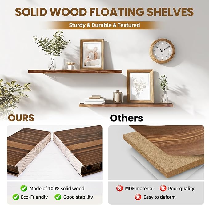 Floating Wall Shelves 2-Pack - 36-Inch Rustic Brown Wooden Shelves for Storage and Décor, Easy Installation for Living Room, Bedroom, and Kitchen-Ruum Studio Home