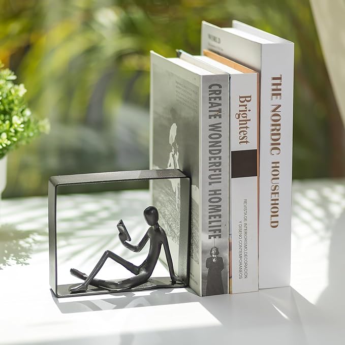 Sziqiqi Book Ends for Shelves Decorative: Cast Iron Bookends for Books Cute Statue Book Ends on Bookshelf Human Sculpture Decoration - Geometric Bookend Unique Gift for Shelves Room Office Decorative-Ruum Studio Home