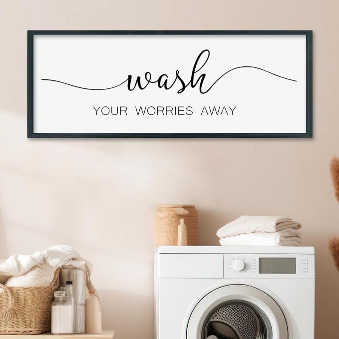 LuZhiQiang Wash Your Worries Away Sign Bathroom Wall Art Decor 40"×15" Large Wood Framed Laundry Room Funny And Artwork Wall Hanging (Black)-Ruum Studio Home