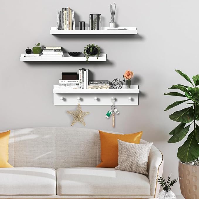 MBYD Picture Shelf Ledge, 24 Inch Floating Shelves for Wall, Nursery Book Shelves with Hooks Set of 3, Floating Shelf Wall Mounted for Bathroom,Kids Room, Living Room, Kitchen Bedroom White-Ruum Studio Home