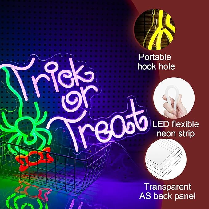 Trick Or Treat Neon Sign Funny Spider Candy LED Neon Light for Wall Decor Dimmable USB Halloween Light Up Sign for Halloween Party Home Neon Decor (16.7 * 12.8In)-Ruum Studio Home
