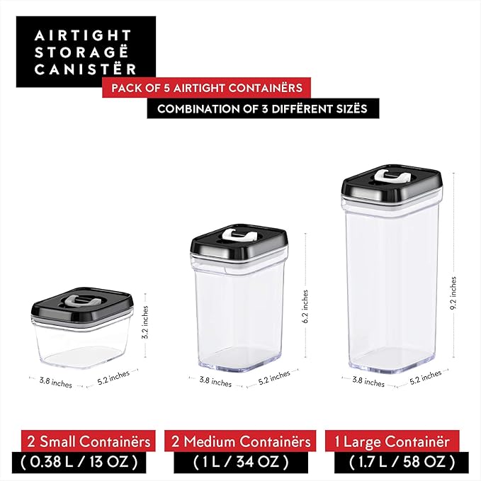 DWËLLZA KITCHEN Airtight Food Storage Containers with Lids - 5 Piece Set - Kitchen Accessories Food Containers - Pantry Organization and Storage - Clear Plastic BPA-Free - Keeps Food Fresh & Dry-Ruum Studio Home