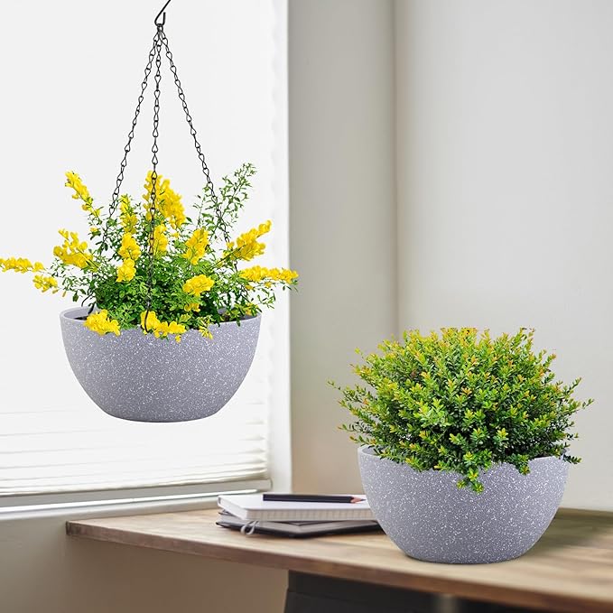 10 inch Hanging Planters for Indoor Outdoor Plants, 2 Pack Hanging Flower Pots with Drainage Holes and Chain for Garden Porch, Plastic Hanging Baskets for House Plants, Speckled Grey-Ruum Studio Home