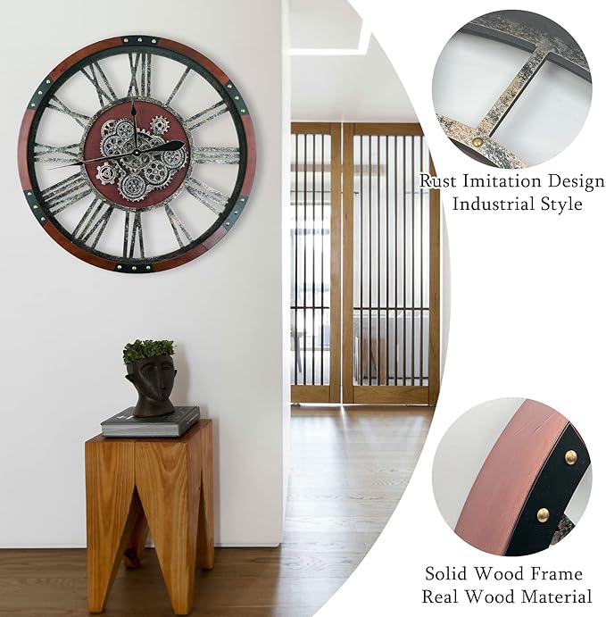 36 Inch Moving Gear Wall Clock, Oversized Wall Clocks, Clock Living Room Decor, Solid Wood Frame, Battery Operated, Large Wall Clock with Industrial for Fireplace(Black Walnut)-Ruum Studio Home