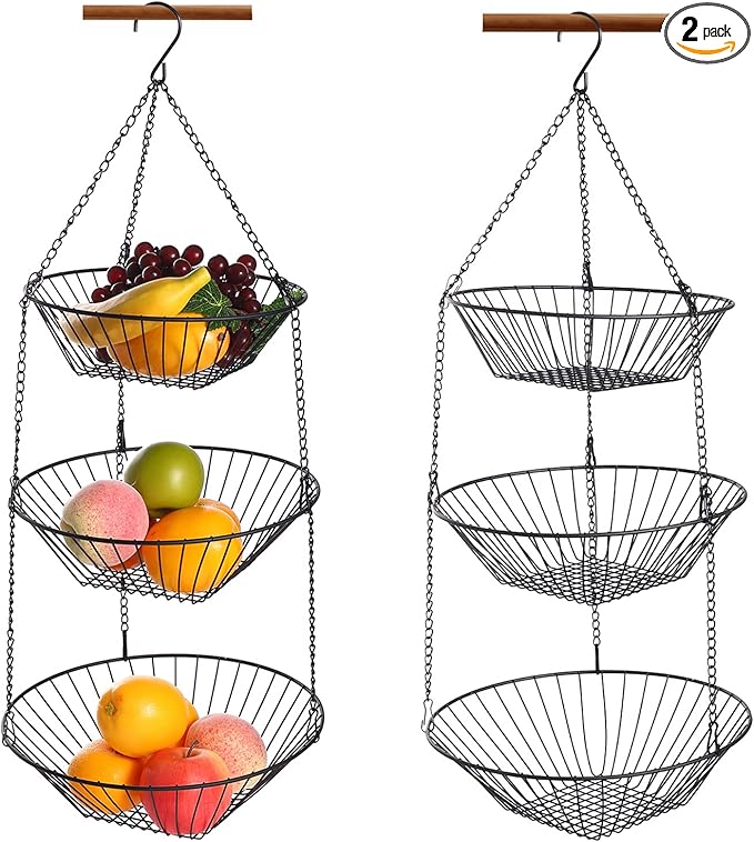 3-Tier Wire Fruit Hanging Basket 2 Packs,non-Punching Wall Hanging Storage,Kitchen Bathroom Organization Basket,Suitable for Bathroom,Kitchen,Closet,Garden,Black-Ruum Studio Home