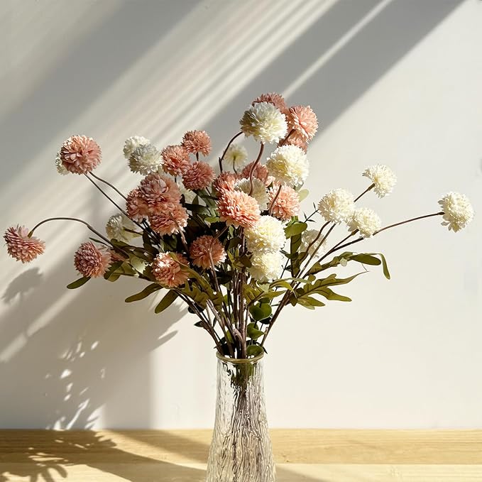 Faux White & Pink Kiku Flower, 10 Stems with 5 Heads Each & 4 Branches Eucalyptus Stems, Artificial Small Mini Chrysanthemum Flowers for Aesthetic Room Decor, Floral Arrangements Centerpiece-Ruum Studio Home