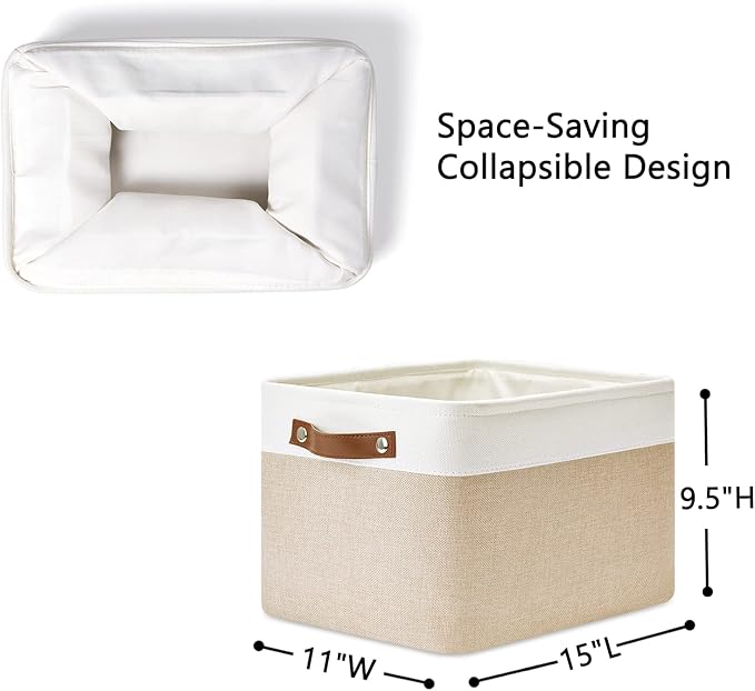 DULLEMELO Fabric Storage Bins for Laundry, Home, Foldable Storage Baskets for Shelves, Toys, Collapsible Storage Bins for Office, Closet,Bedroom(White&Khaki,15"x11"x9.5",4-Pack)-Ruum Studio Home