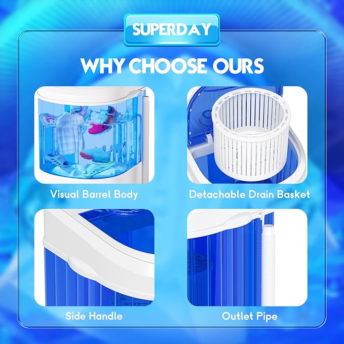 Superday Mini Portable Washing Machine, Single Tub Compact Washing Machine with Spin Cycle, 6.6LBS Washing Capacity Small Electric Washer Machine for Home, Apartments, Outdoor, RV, Dormitory, Blue-Ruum Studio Home