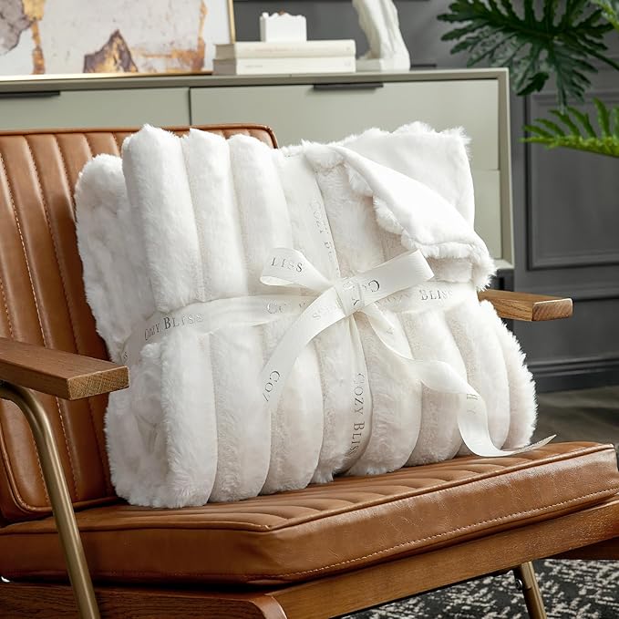 Cozy Bliss Faux Fur Throw Blanket for Couch, Cozy Warm Plush Striped Blanket for Sofa Bedroom Living Room, 60 * 80 Inches Cream White-Ruum Studio Home