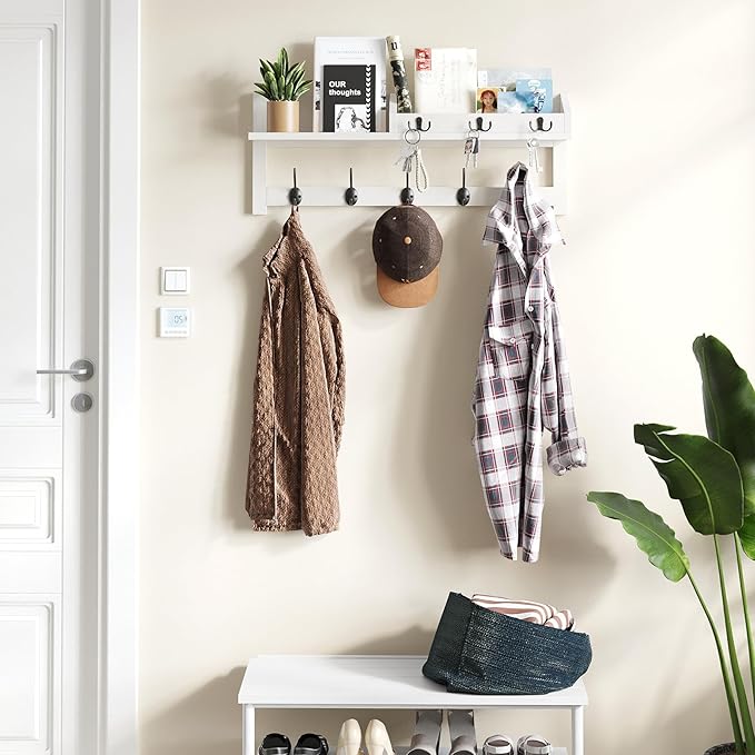 AMBIRD 26.57-Inch Wall Hanging Shelf With Coat Hooks - Entryway Wood Rack With 5 Dual Hooks, 3 Key Hooks, Mail Organizer and Key Holder (White)-Ruum Studio Home