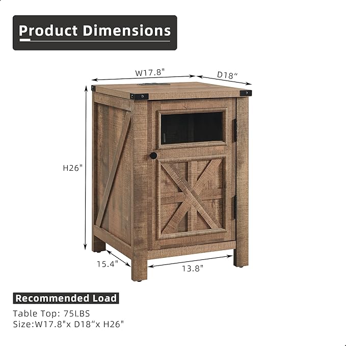 JXQTLINGMU Farmhouse End Table with Charging Station, 18'' Rustic Nightstand with Barn Door & Adjustable Shelf, Wooden Sofa Side Table with 3-Tier Storage for Living Room, Bedroom, Warm Brown-Ruum Studio Home