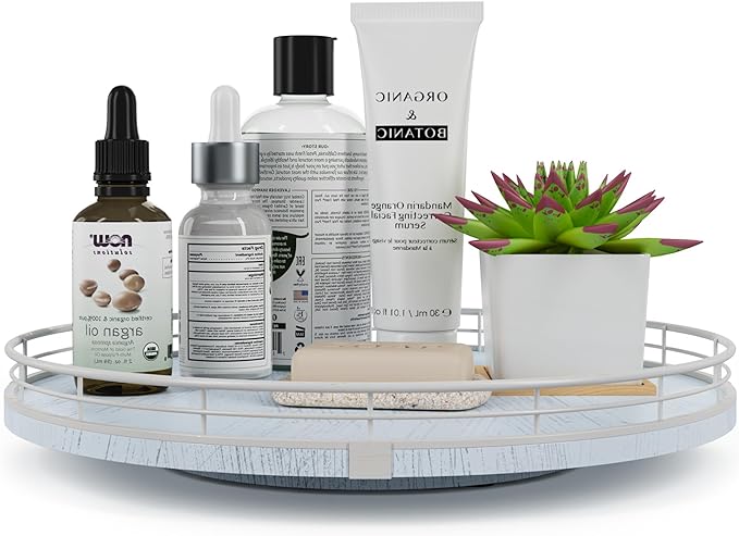 13" Oak Bathroom Vanity Tray Turntable for Perfume Candle, Round Wooden Decorative Tray for Kitchen Sink Countertop Organizer, Bathroom Counter Organizer for Skincare Makeup, Rustic White-Ruum Studio Home