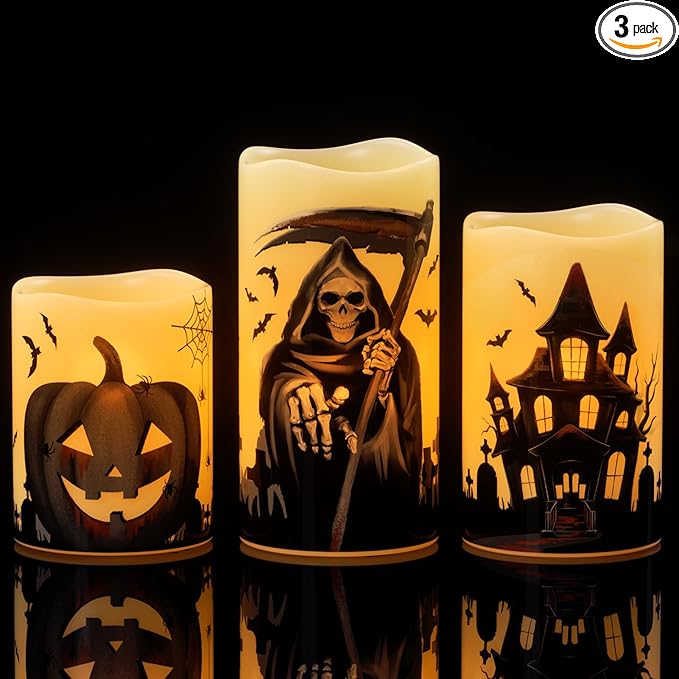 Wondise Halloween Flameless Flickering Candles with 6 Hour Timer, Battery Operated Real Wax Halloween Candles Set of 3 Halloween Decoration Grim Reaper, Haunted House, Pumpkin (3 x 4 5 6 Inch)-Ruum Studio Home