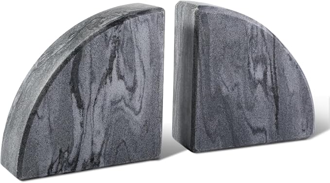 Marble Bookend for Shelves, Non-Skid Bookends for Heavy Books, Heavy Duty Book Stopper for CDs, Luxury Book Shelf Holder, Quarter Circle Design Book Ends Decorative, Monte Grigio, Set of 2-Ruum Studio Home